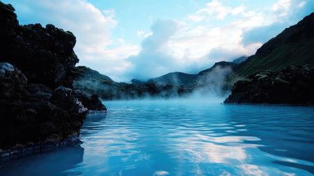 A serene thermal spring presents vivid blue waters and misty ambiance, framed by majestic mountains. A stunning natural escape for relaxation and exploration.の素材