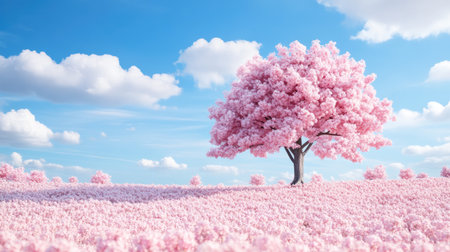 A stunning cherry blossom tree stands majestically against a clear blue sky, surrounded by blooming flowers. This serene landscape captures the essence of spring beauty.の素材