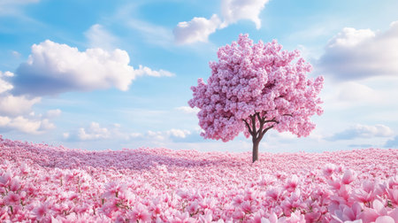 A serene scene featuring a vibrant pink blossom tree amidst a blooming field of flowers. The soft clouds and bright sky enhance the tranquil atmosphere.の素材