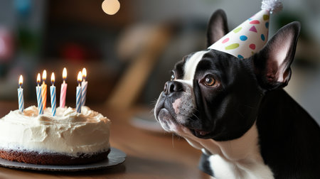 This charming image captures a cute dog wearing a party hat, gazing at a delicious birthday cake with lit candles, creating a joyful celebration atmosphere.の素材