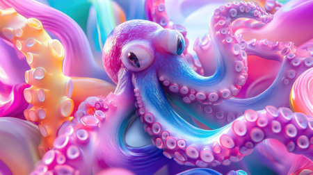 A vibrant and whimsical depiction of an octopus, surrounded by colorful swirling patterns. This digital artwork captures the essence of underwater beauty and fluid dynamics.の素材