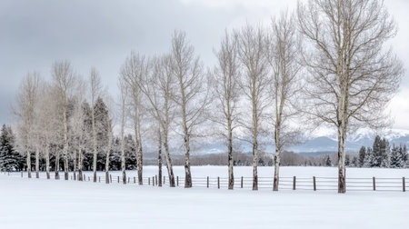A serene winter landscape featuring a row of bare trees amidst a snow covered meadow, framed by a rustic fence, under a cloudy sky.の素材