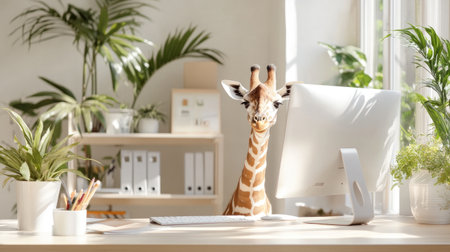 A curious giraffe peeks over a modern computer in a bright office filled with greenery. This playful scene captures the charm of animal curiosity in a workspace.の素材
