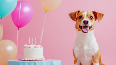 A joyful dog sits beside a delicious birthday cake, surrounded by colorful balloons. This festive scene captures the happiness and celebration of a pet's special day.の素材