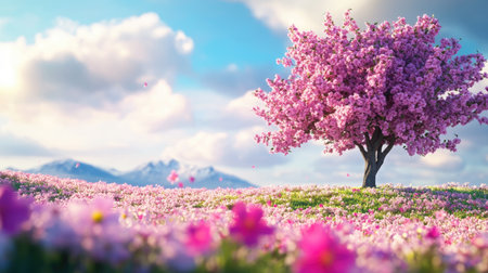 A stunning view of a cherry blossom tree surrounded by a field of pink flowers under a bright blue sky. This serene landscape captures the beauty of spring.の素材