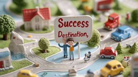 A vibrant miniature scene depicting the concept of success as a destination. Featuring playful toys, a cheerful sign, and colorful landscapes, this image inspires growth and achievement.の素材