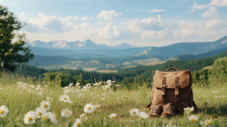 A brown backpack and hiking boots rest on a flower-filled field, offering a stunning view of distant mountains under a bright sky, ideal for outdoor enthusiasts.の素材