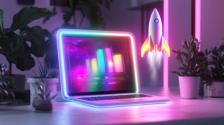 A vibrant laptop displays colorful charts while a rocket launches, symbolizing innovation and technology in a modern workspace. Perfect for tech-related projects.の素材