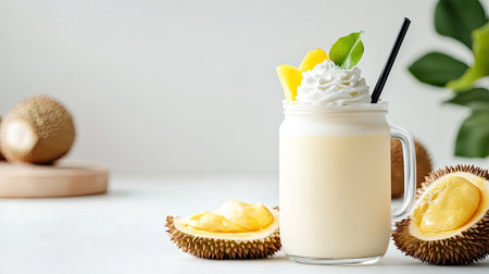 Enjoy a creamy durian shake topped with whipped cream and fresh fruit. This refreshing beverage is perfect for warm days and showcases tropical flavors.の素材