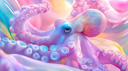 This stunning octopus showcases vibrant colors and intricate textures, highlighting the enchanting beauty of underwater life in a surreal environment.の素材
