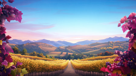 A stunning vineyard landscape showcasing rows of vibrant grapevines against rolling hills. The tranquil scene captures the essence of nature's beauty during harvest.の素材