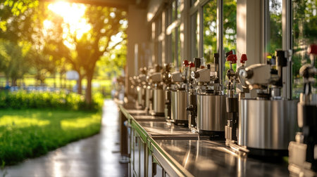 A serene industrial workspace featuring sleek equipment lined up under warm sunlight. The scene captures the harmony between modern machinery and a lush outdoor backdrop.の素材