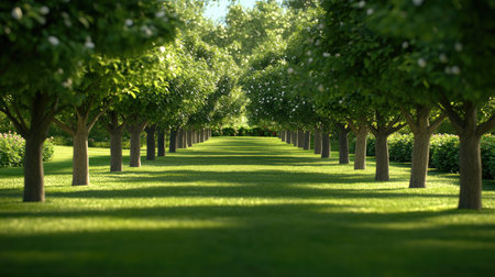 A picturesque view of an orchard pathway lined with healthy trees, bathed in sunlight. This serene landscape embodies tranquility and the beauty of nature, perfect for relaxation.の素材
