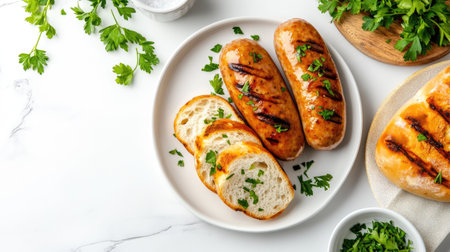 Savor the delicious presentation of grilled sausages served with fresh herbs and sliced bread. Perfect for mealtime inspiration and culinary creativity.の素材