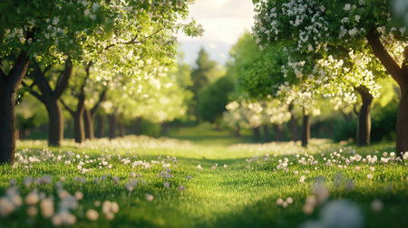 A serene pathway winds through a vibrant orchard filled with blooming trees. Sunlight filters through foliage, creating a peaceful and refreshing outdoor scene.の素材