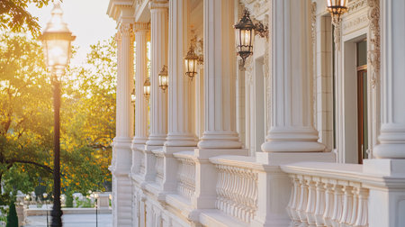 A stunning view of elegant architecture featuring white columns and lanterns, bathed in warm sunset light, creating a serene and inviting atmosphere in a beautiful setting.の素材
