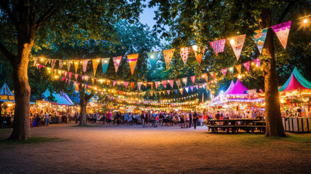 A lively festival scene at dusk showcasing colorful bunting, bright lights, and a joyful crowd enjoying the evening atmosphere among trees and decorative tents.の素材