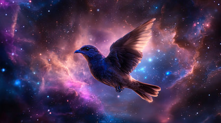 A stunning depiction of a bird soaring through a vibrant cosmic landscape, surrounded by colorful nebulae and twinkling stars, capturing a sense of freedom and wonder.の素材