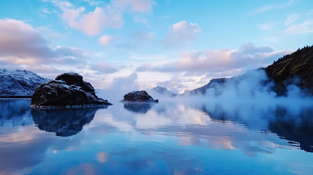 A serene lake surrounded by misty mountains at dawn, featuring snow-capped peaks reflecting in calm waters. Ideal for nature and travel enthusiasts.の素材