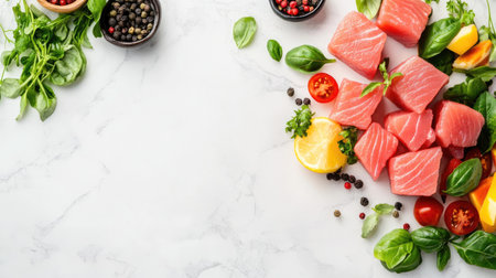 Explore a vibrant arrangement of fresh fish, vegetables, and herbs, perfect for creating healthy meals. Ideal for culinary projects and food photography.の素材