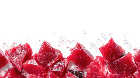 Beautifully arranged fresh red tuna cubes sit on ice, showcasing their vibrant color and quality. Ideal for culinary presentations, recipes, and gourmet dishes.の素材