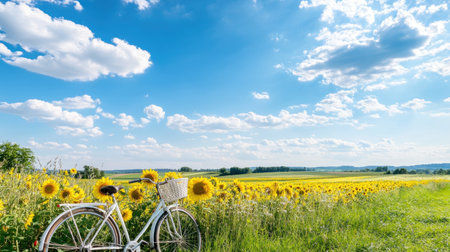 A beautiful landscape showcasing a vibrant sunflower field beside a classic white bicycle under a sunny blue sky with fluffy clouds, perfect for summer adventures.の素材