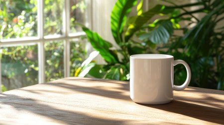 A serene morning scene featuring a white coffee mug on a wooden table illuminated by soft sunlight and surrounded by lush greenery, creating a relaxing atmosphere.の素材