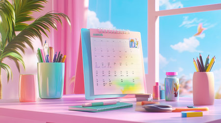 Bright and cheerful workspace featuring a colorful calendar, vibrant stationery, and decorative elements, creating an inspiring atmosphere for productivity and creativity.の素材