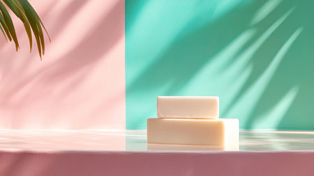 Elegant arrangement of minimalist soap bars on a pastel background. Soft shadows enhance the tranquil aesthetic, perfect for wellness and beauty themes.の素材