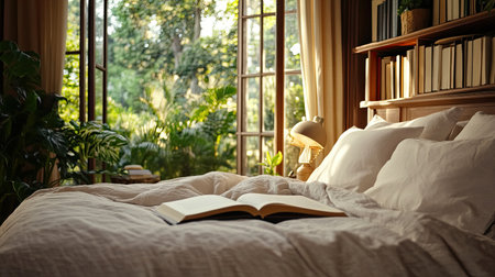 A serene bedroom featuring a soft bed, an open book, and large windows bringing in natural light. Lush greenery enhances the calming atmosphere, perfect for relaxation.の素材