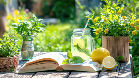 A refreshing summer scene featuring a glass jar of lemonade with lemon slices, an open book, and fresh herbs on a wooden table in a vibrant garden.の素材