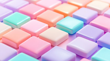 This vibrant and decorative background features an assortment of colorful pastel square tiles arranged in a unique pattern, perfect for creative projects and designs.の素材