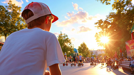 A young boy gazes towards a beautiful sunset in a park filled with children on scooters and bicycles, capturing the essence of playful outdoor activities during warm evenings.の素材