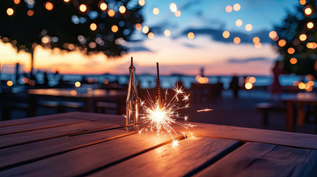 A vibrant sparkler ignites joy during a festive evening by the water. The warm bokeh lights create a magical atmosphere at sunset, perfect for celebrations.の素材