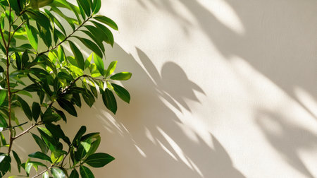 A serene image featuring lush green leaves casting intricate shadows on a textured wall. This representation of nature brings tranquility and freshness to any space.の素材