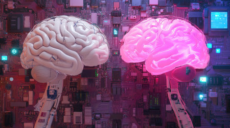 This image features two futuristic brain models set against a vibrant circuit board backdrop, symbolizing the intersection of technology and human cognition.の素材