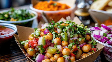 A vibrant display of Indian street food featuring chickpeas, fresh vegetables, and a blend of spices. Perfect for food lovers and culinary enthusiasts.の素材