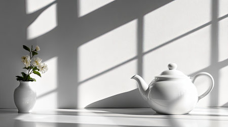 An elegant white teapot and a delicate vase with flowers are artfully arranged, illuminated by soft light and casting gentle shadows on a minimalistic surface.の素材