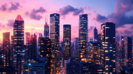 A stunning cityscape captures a vibrant skyline at dusk, showcasing colorful skies and illuminated buildings, perfect for urban lifestyle themes or travel inspiration.の素材