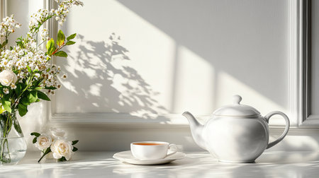 A serene tea setup featuring a white teapot and cup alongside fresh flowers, illuminated by soft sunlight, creating a tranquil atmosphere perfect for relaxation.の素材