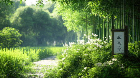 A serene pathway winds through a lush bamboo forest, adorned with delicate white flowers and soft sunlight filtering through the trees, inviting peace and relaxation.の素材