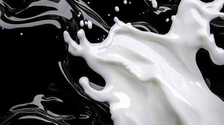 Captivating image of a dynamic milk splash against a black backdrop, showcasing fluid motion and texture. Perfect for culinary and artistic themes.の素材