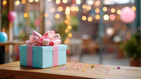 A beautifully wrapped gift box in vibrant blue and pink sits on a rustic wooden table. The festive background with soft lights creates a cheerful atmosphere perfect for celebrations.の素材