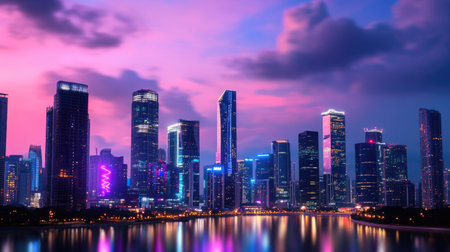This stunning urban skyline at dusk showcases vibrant colors reflecting off the water. The modern skyscrapers create a captivating cityscape under a dramatic sky.の素材