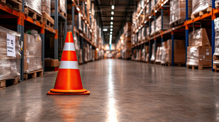 A bright orange safety cone stands prominently on the polished floor of a spacious warehouse, surrounded by rows of stacked boxes and industrial shelves.の素材