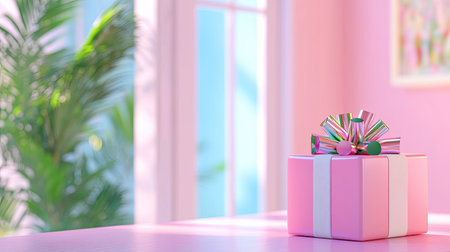 A cheerful pink gift box with a colorful ribbon sits on a stylish table in a bright room adorned with playful decor and greenery, perfect for celebrations.の素材