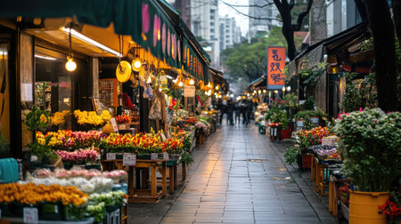 A charming street market showcasing vibrant flower stalls filled with colorful blooms. The bustling atmosphere draws visitors in for a delightful shopping experience.の素材
