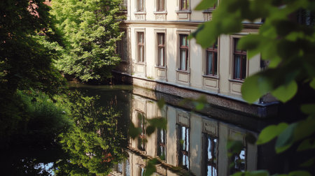 This tranquil scene showcases a historic building reflected in calm water surrounded by lush greenery, creating a serene and picturesque atmosphere perfect for nature enthusiasts.の素材