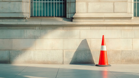 A bright traffic cone stands alone beside a stone wall in an urban setting, casting a shadow as sunlight highlights its vivid color and geometric shape.の素材
