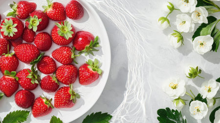 A beautiful arrangement of fresh ripe strawberries on a white plate, surrounded by delicate white flowers and green leaves, capturing the essence of summertime freshness.の素材